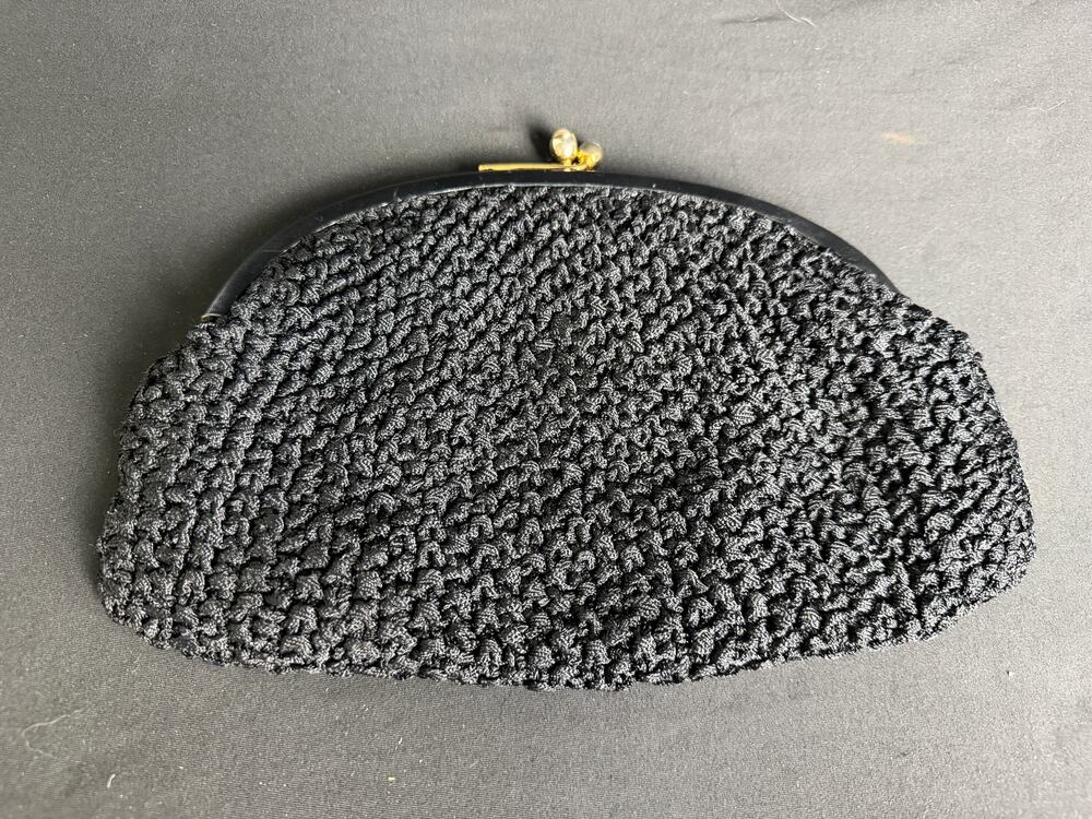 Vintage Collentz Italian Black Crocheted Faux Pearl Clasp Evening Clutch